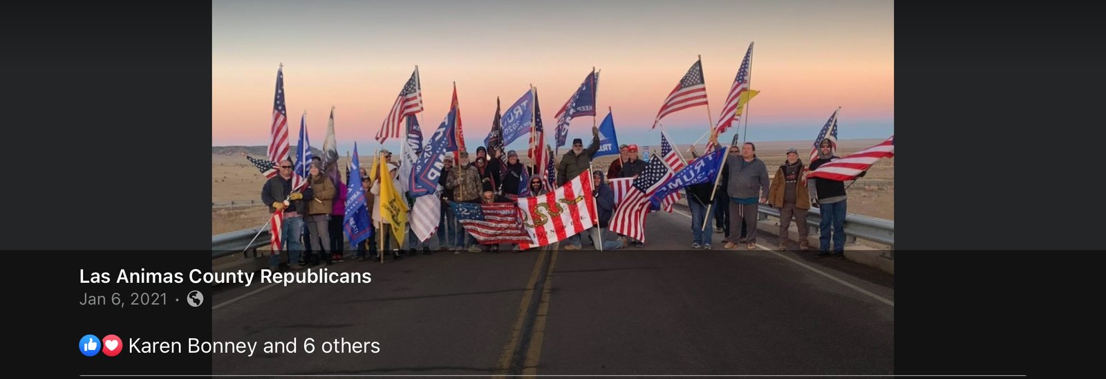 A group of people waving Trump, American, and Gadsden flags on the I-25 Exit 23 overpass at dawn, photographed January 6, 2021.