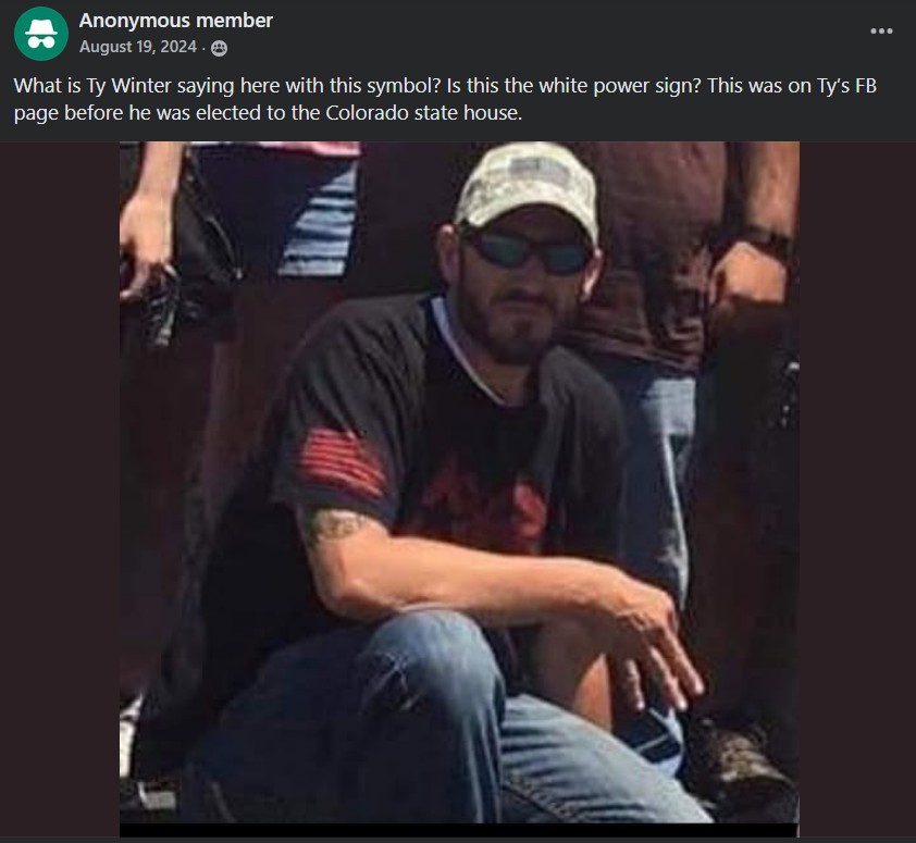 Facebook post asking what hand symbol Ty Winter is making in a photo from his own Facebook page before he was elected.
